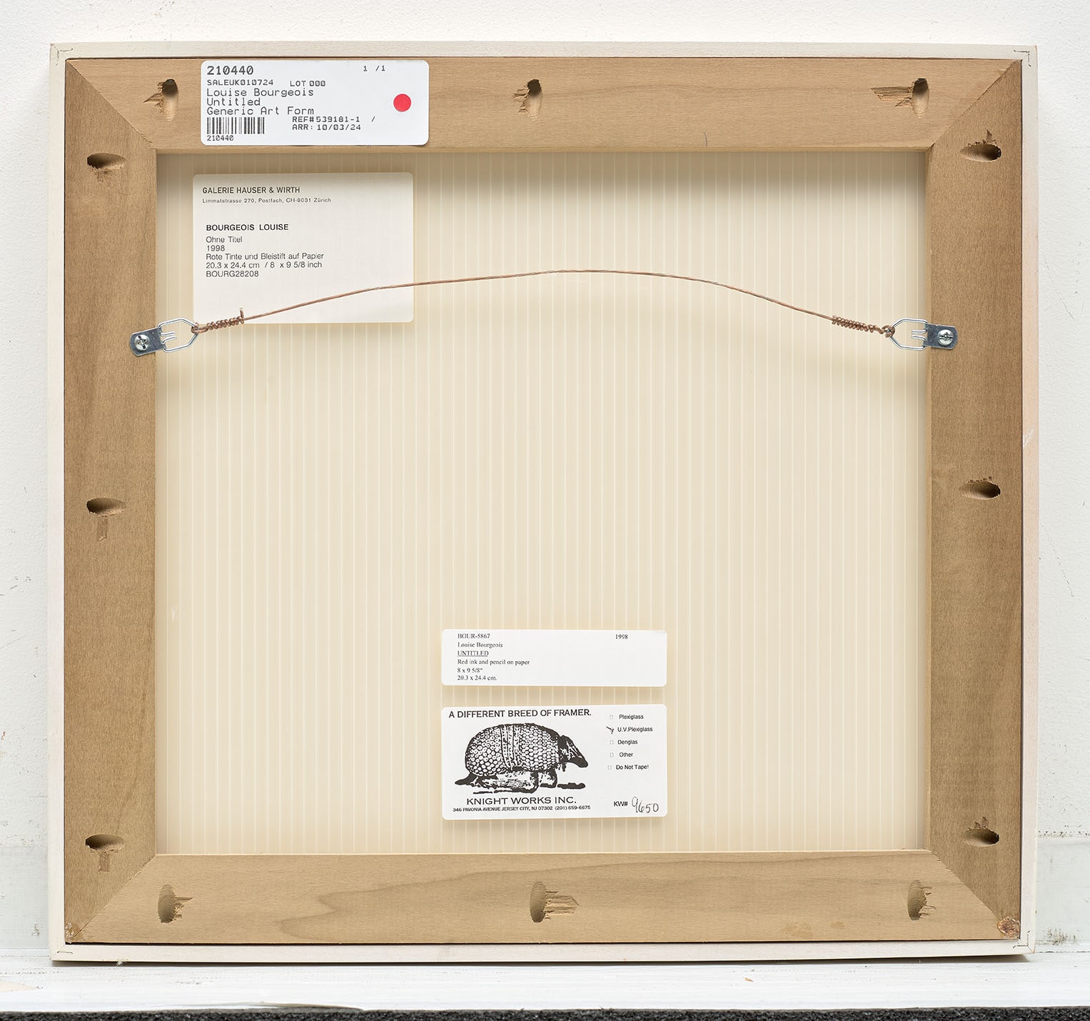 Louise Bourgeois, Untitled (1998). Reverse of the frame, showing labels and hanging fittings.
