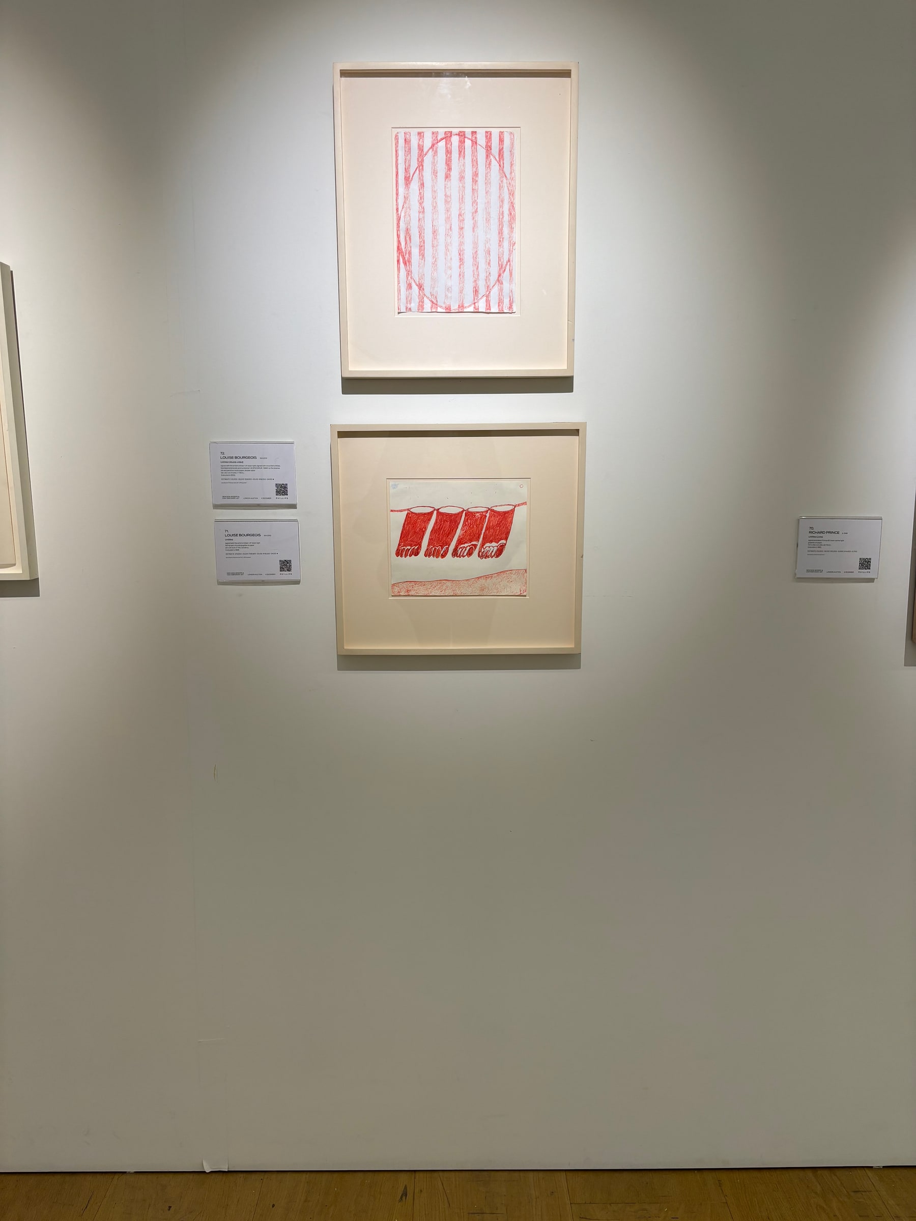 Louise Bourgeois, Untitled (1998). Installation view, with the work hanging below another framed drawing.