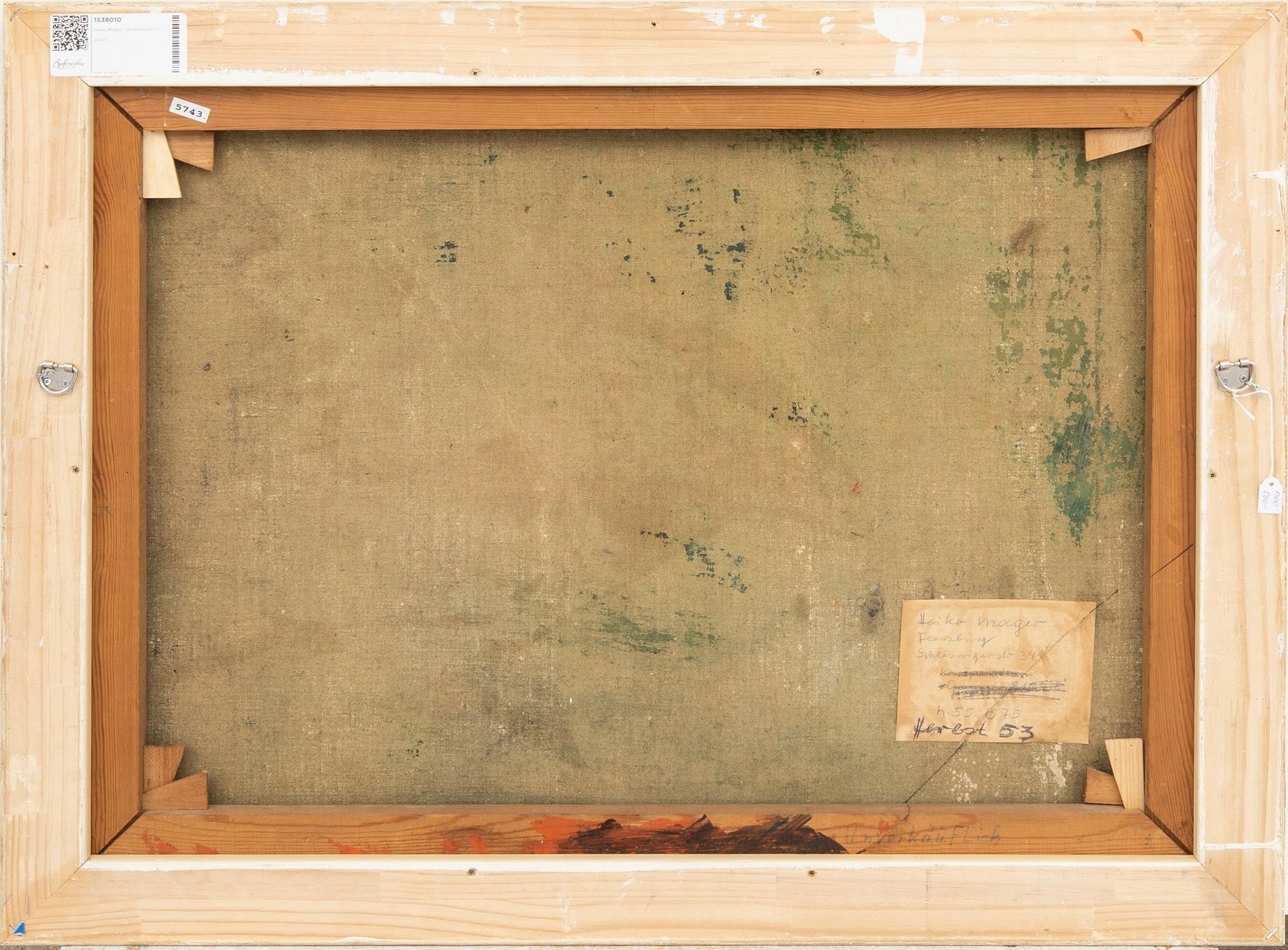 Heiko Mager, Composition (1953). Reverse, showing the canvas, stretcher and label.