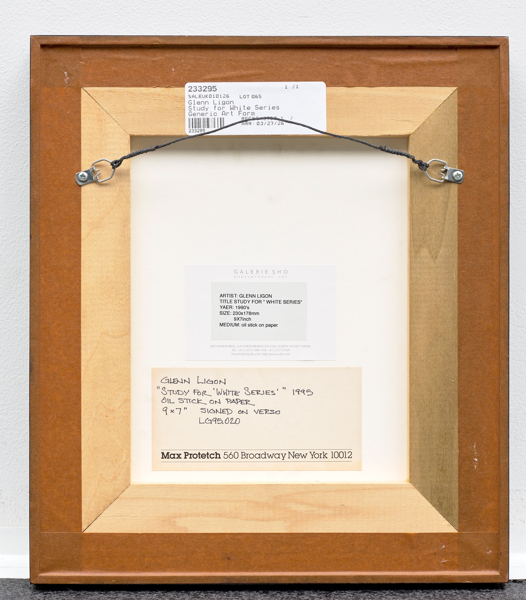 Glenn Ligon, Study for “White Series” (1995). Reverse of the frame, showing labels and hanging fittings.