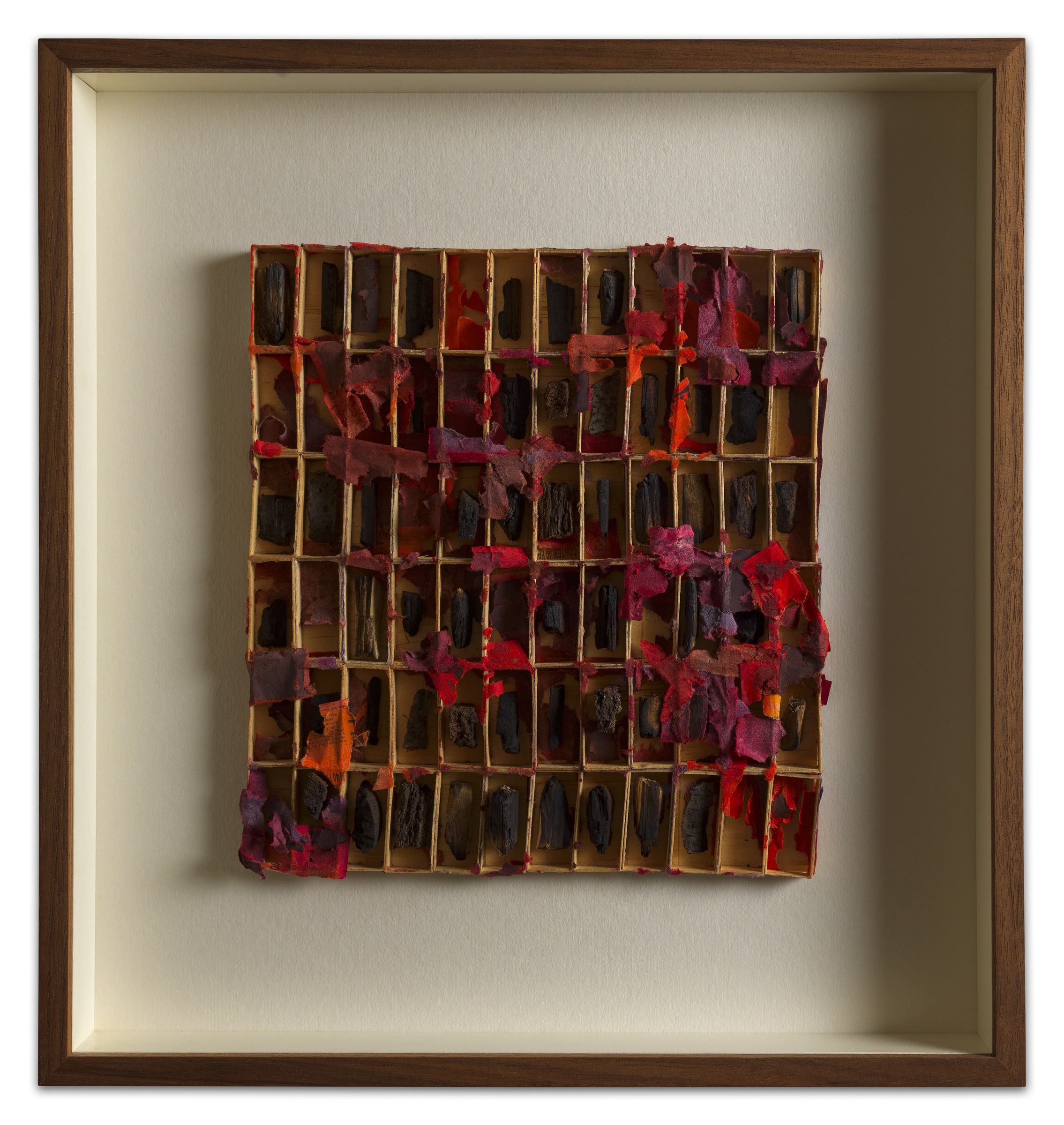 Antonio Tarsis, From the Ashes (2023). Angled framed view, showing the depth of the matchbox construction.