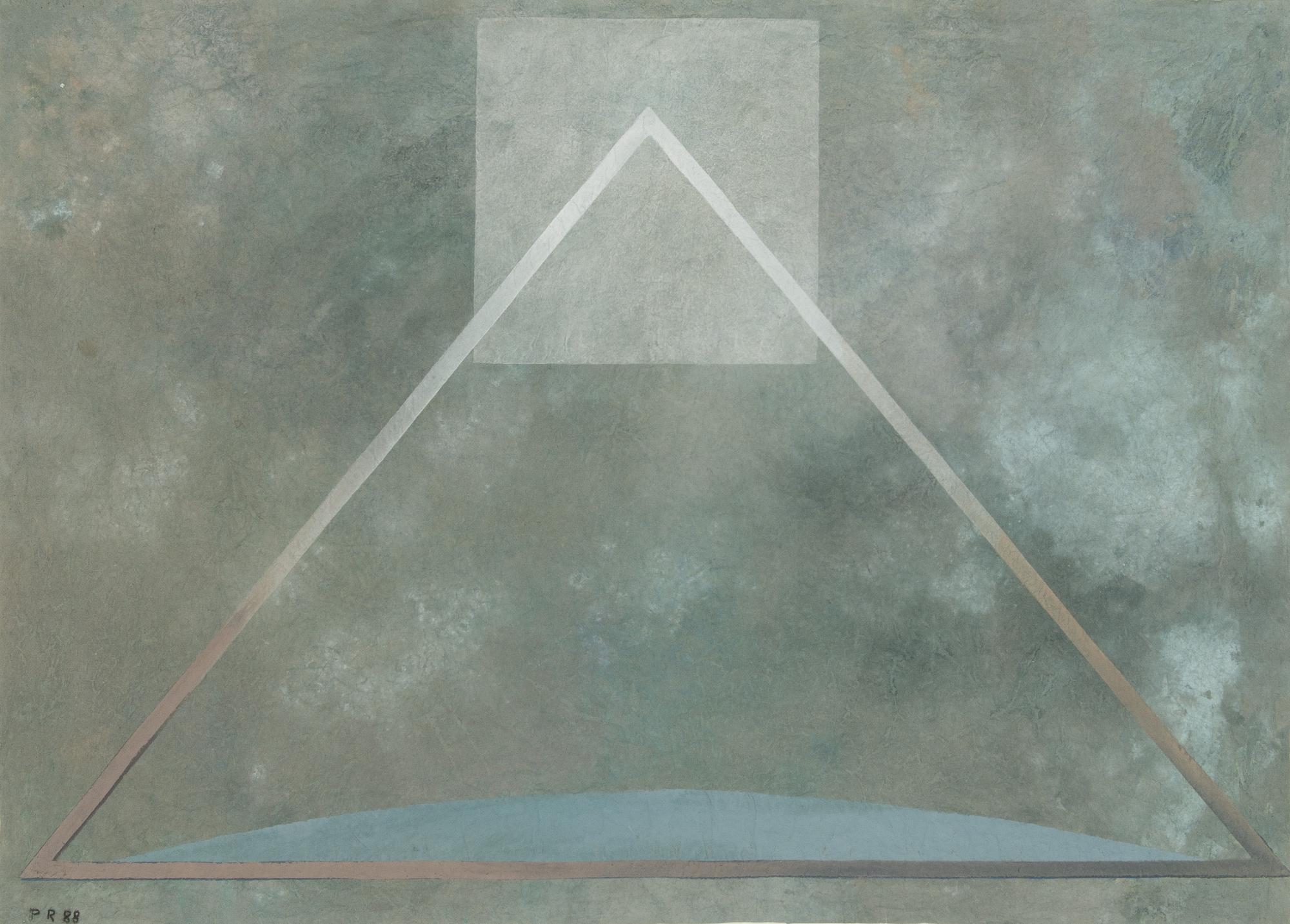 Detail of the triangle, square and blue arc in Untitled, 1988.