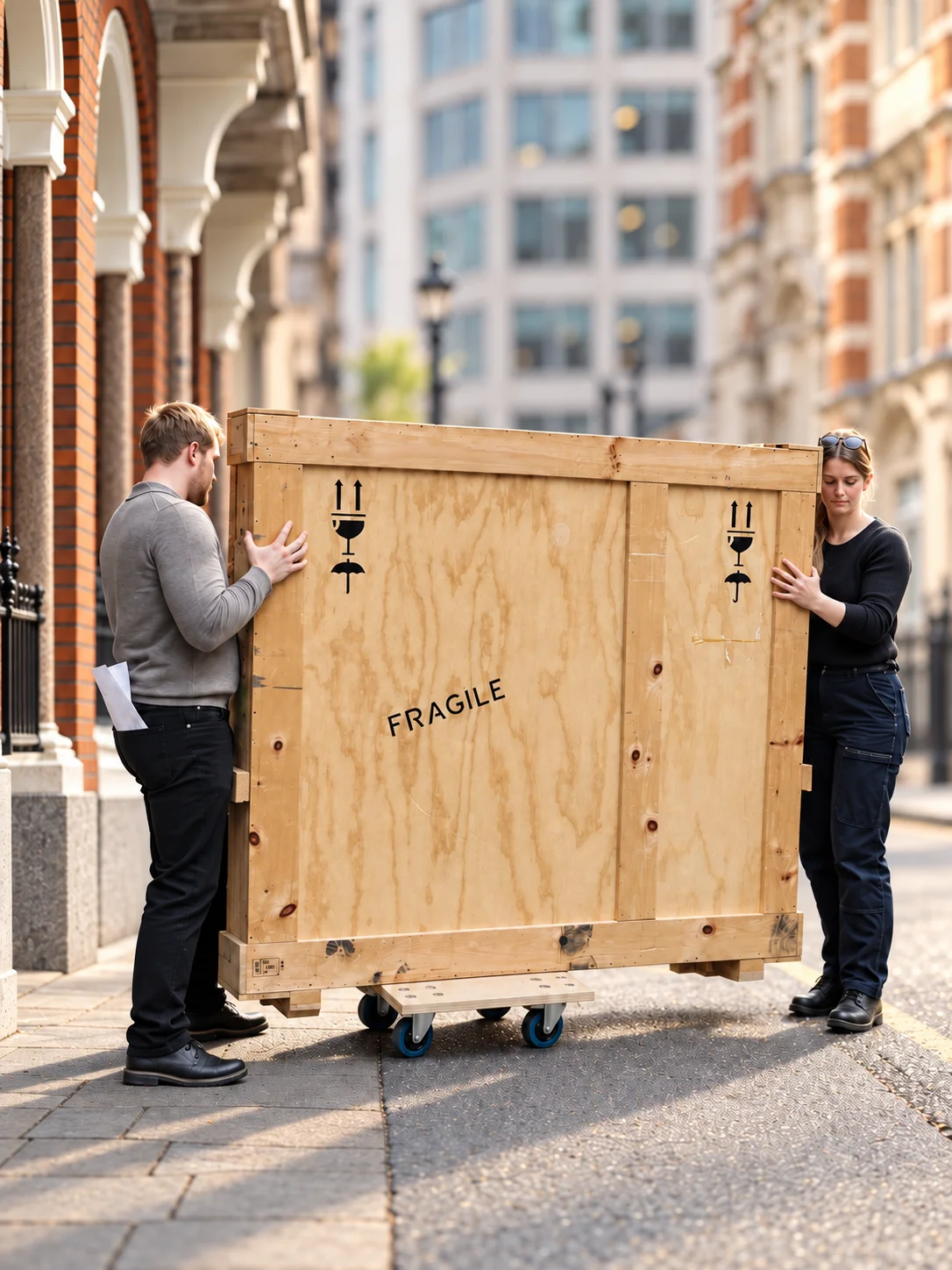 Two people guiding a wooden art shipping crate on a trolley outside a brick building