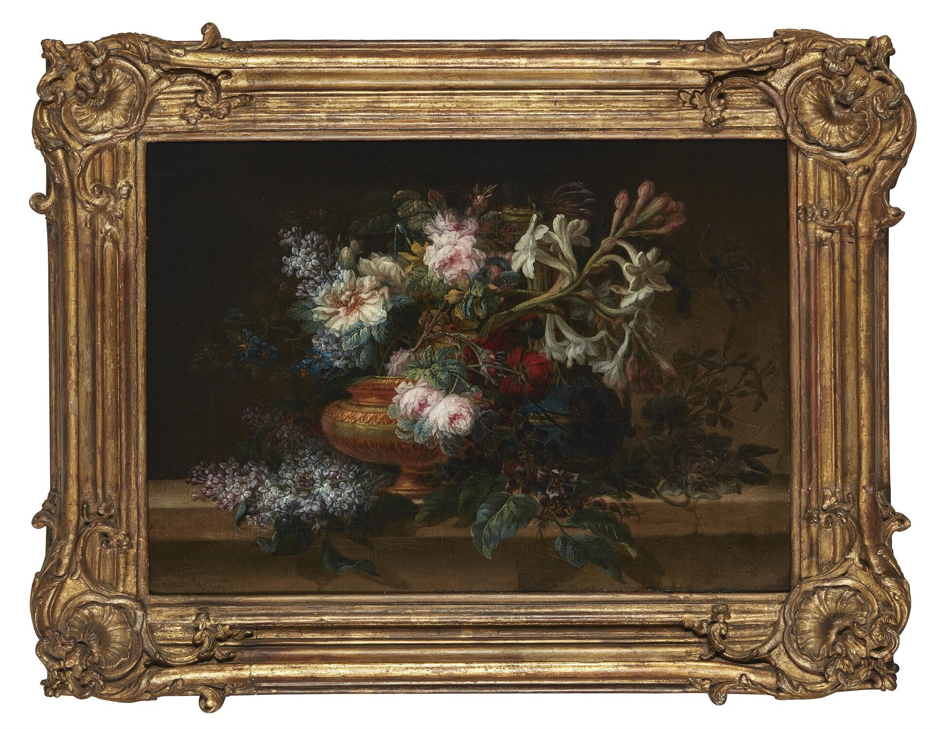 Circle of Joseph-Laurent Malaine, Still Life of Roses, Lilac, and Other Flowers in a Vase on a Stone Ledge. Framed view.